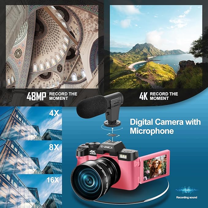 4K Digital Cameras for Photography, 48MP Vlogging Camera for YouTube with Microphone & Tripod Grip, Video Camera with Wide-Angle&Macro Lens, Content Creator Kit & Travel Camera（Pink）
