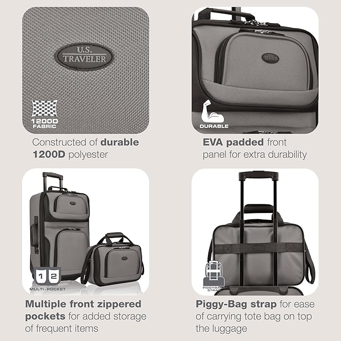 U.S. Traveler Rio Fabric Expandable Carry-on Luggage, Rolling Suitcase, Grey, 2 Wheel Set