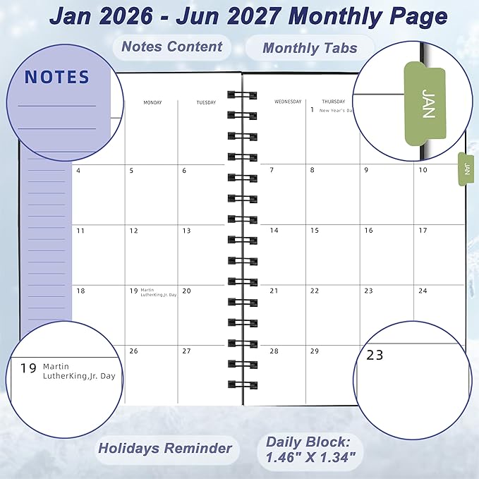 Daily Planner 2026-2027, 2026 Planner Weekly and Monthly, Jan 2026-Jun 2027, 18 Month Agenda Planner with Tabs Sticker, A5 Size, Black