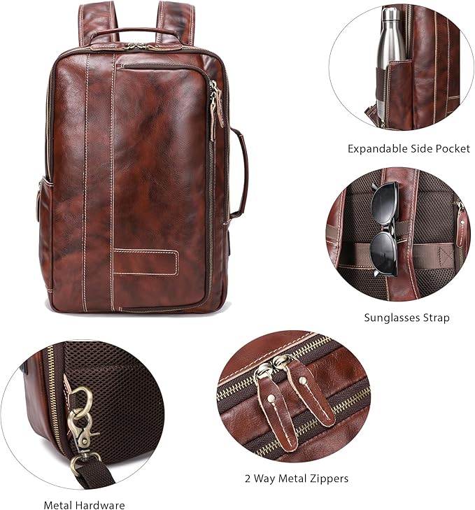 LANNSYNE Vegetable Tanned Leather Backpack for men, Expandable Leather Backpack Fits 15.6 Laptop, Tote Shoulder Travel Bag Rucksack