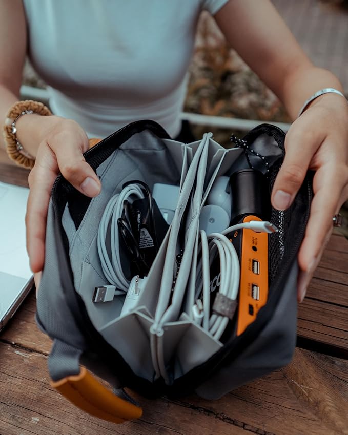 Tech Bag Organizer - Small Electronics Organizer Pouch for Travel - Premium Travel Case with Leather Accents - Mesh Pocket for Cables, Cords and Chargers (Dusty Teal)