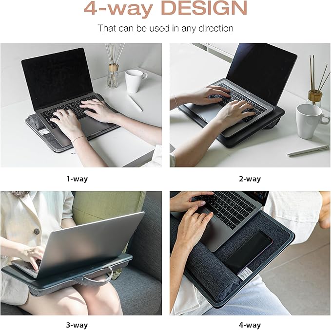 Lap Desk with Soft Cushion and Wrist Rest – Portable Laptop Desk for Bed, Couch & Home Office, PU Surface Tray with Handle for 15.6 inch Laptop (Medium, Black)