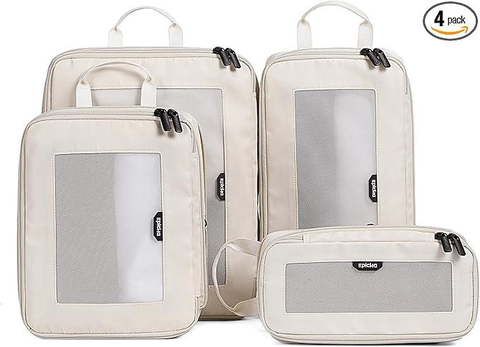 EPICKA TripCozy Compression Packing Cubes - 4 Set Durable Travel Organizer Bags with Mesh Top, Expandable Travel Accessories for Carry on, Luggage, Suitcase, Backpack (Beige)