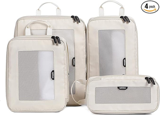 EPICKA TripCozy Compression Packing Cubes - 4 Set Durable Travel Organizer Bags with Mesh Top, Expandable Travel Accessories for Carry on, Luggage, Suitcase, Backpack (Beige)