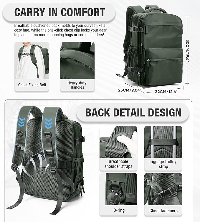 Vacuum Travel Backpack with Pump for Women,Airback Personal Item Carry on Backpacks Flight Approved for Men,Laptop Waterproof Work Compression bags Casual Daypack(Green)