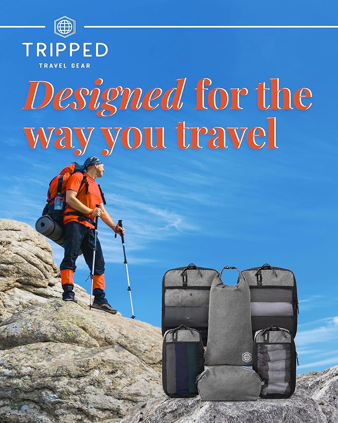 Premium Compression Packing Cubes for Travel, Compression Packaging Cube, Zip Bags Premium 6-Piece Set with laundry bag and shoe bag by TRIPPED Travel Gear (Grey Mesh)