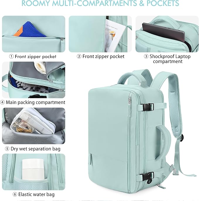 Beraliy Large Travel Backpack for Women Airline Approved, Carry On Backpack, 17 Inch Laptop Backpack, Personal Item Bag Casual Daypack Backpacks, Mint Green