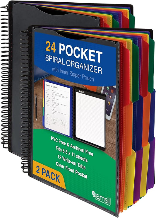 Samsill 2 Pack Deluxe 24 Pocket Spiral Project Organizer with Refillable Notepad, Customizable Front Cover, 12 Dividers with Erasable Write-On Tabs in Assorted Colors, Plastic Folders with Pockets