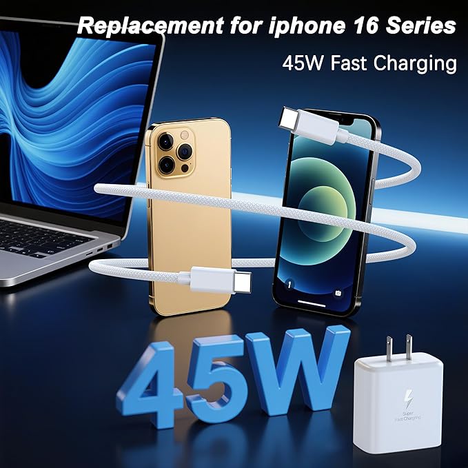45W USB C Fast Charger Compatible with iPhone 16/16 Pro/16 Pro Max/16 Plus/15/15 Pro Max/15 Pro/15 Plus,45W USB C Charger Block 2PACK with 10FT Long Type C Charging Cord Cable