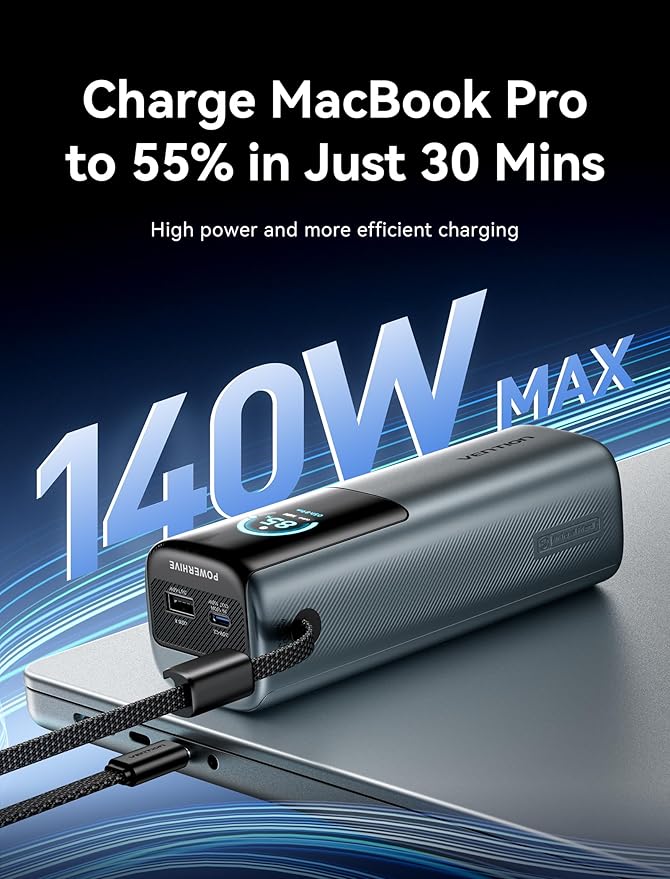 VENTION Powerhive 200W Portable Laptop Charger, 27000mAh Power Bank, Digital Display & Emoji Animation, Integrated USB-C Cable, for iPhone 16/15/14/13 Pro Max, MacBook, Dell, HP, Galaxy S24