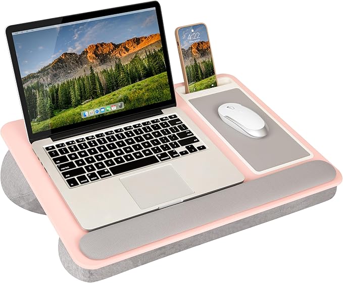 LAPGEAR Home Office Pro Lap Desk with Wrist Rest, Mouse Pad, and Phone Holder - Pink - Fits up to 15.6 Inch Laptops - Style No. 91604