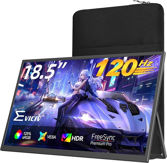 Portable Monitor 18.5” | 120HZ 1ms Gaming Monitor | 125% sRGB | FreeSync, HDR | 350Nits | USB-C & HDMI | VESA & Kickstand | Large Travel External Second Screen for Laptop, Switch, Game Consoles