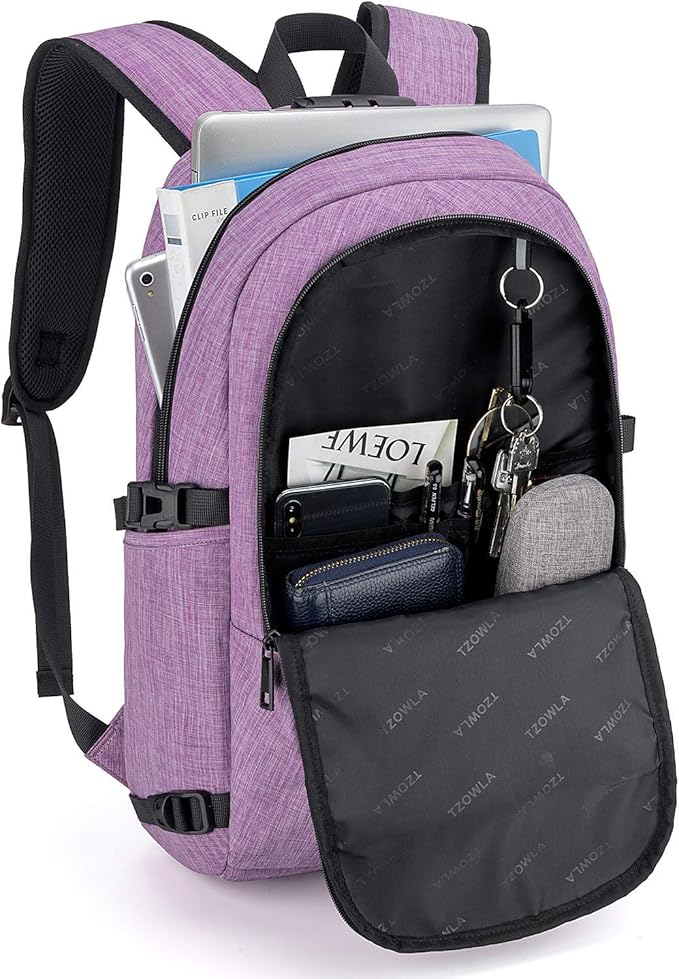 Tzowla Business Laptop Backpack Water Resistant Anti-Theft Backpack with USB Charging Port and Lock 17.3 Inch Computer Backpacks for Women, Casual Hiking Travel Daypack(Purple)
