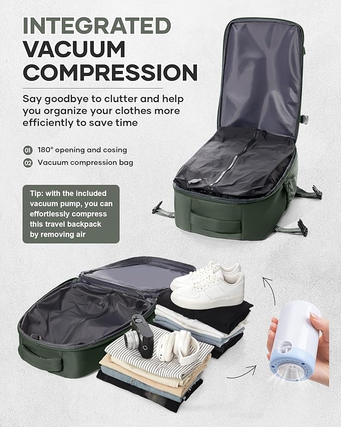 Vacuum Travel Backpack with Pump for Women,Personal Item Carry on Backpacks Flight Approved 18x14x8 inches for Men,Laptop Waterproof Work Compression bags Casual Daypack Green.
