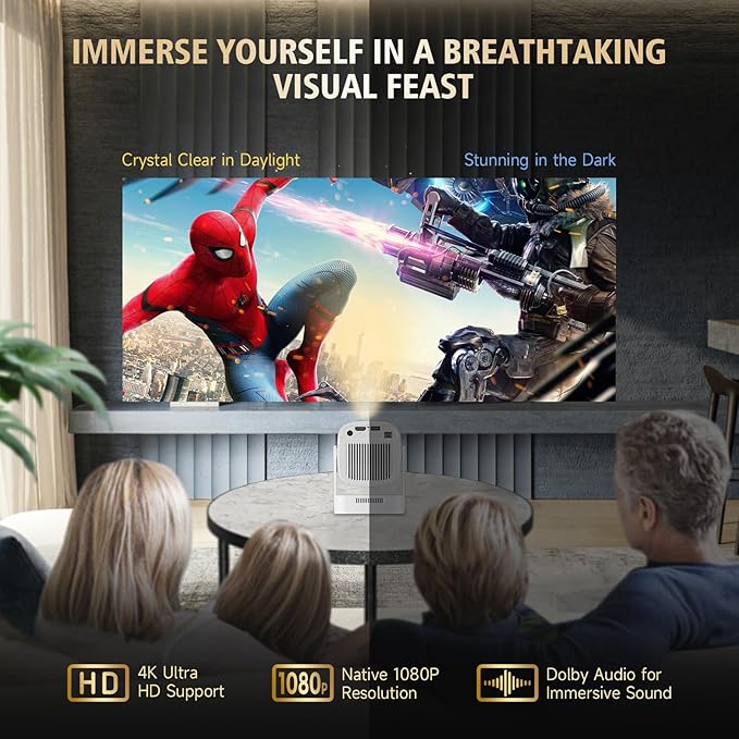 Mini Projector with WiFi and Bluetooth, 4K Full HD 1080P 200ANSI, 180° Rotatable Portable Projector, Auto Focus Movie Projector, Compatible with Smartphone, TV Stick, Laptop, HDMI, USB