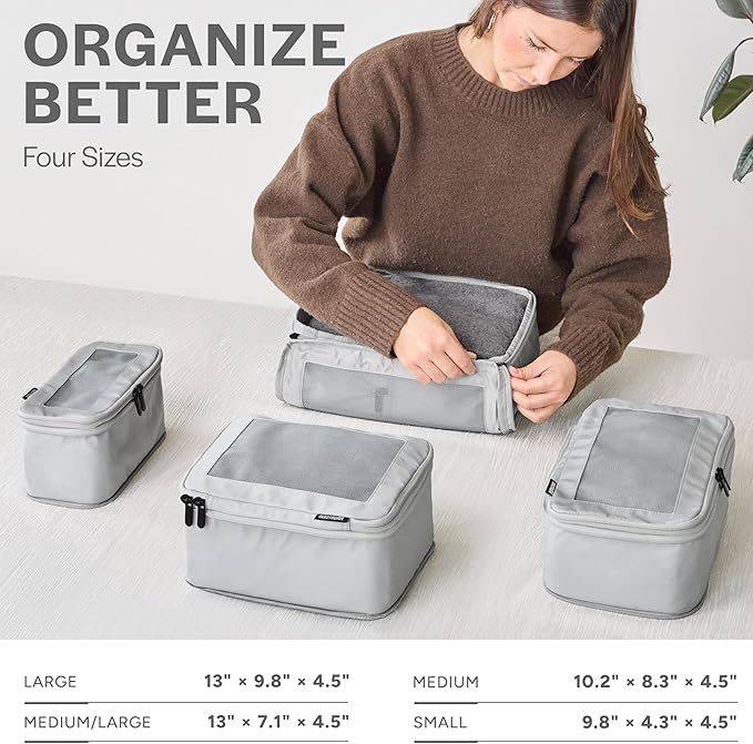 Compression Packing Cubes for Travel - Luggage Organizer Bags - Double Zipper Packing Cubes for Suitcases (4-Pack, Light Grey)