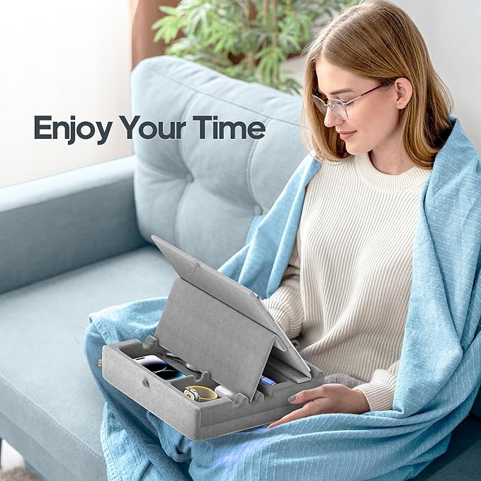 KDD Book Stand with Storage, Multi-Angle Viewing Reading Tablet Holder for Lap, Bed, Desk and Couch, Foldable I-pad Pillow Holder with Organizer Tray for Book,Tablet, Cell Phone, E-Reader (4.7"-15")