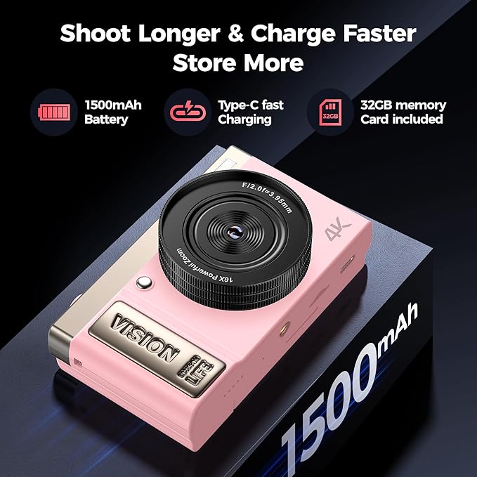 4K Digital Camera Pink for Girls Teens: 64MP Vlogging Camera with Flip Screen - 16X Zoom - Cute Compact Cam for Photography and YouTube – Aesthetic Point and Shoot Gift for Ages 8-18