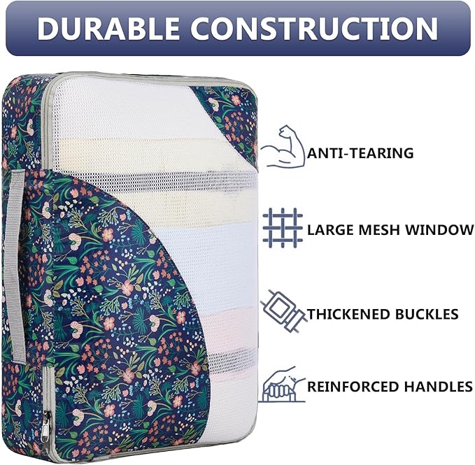 8 Set Packing Cubes for Travel,Gifts for Women Mom,Anti-Tearing Suitcase Organizer for Luggage with Shoe & Hanging Toiletry Bag,Vacation Essentials & Accessories for Cruise Ship,Dark Blue Floral