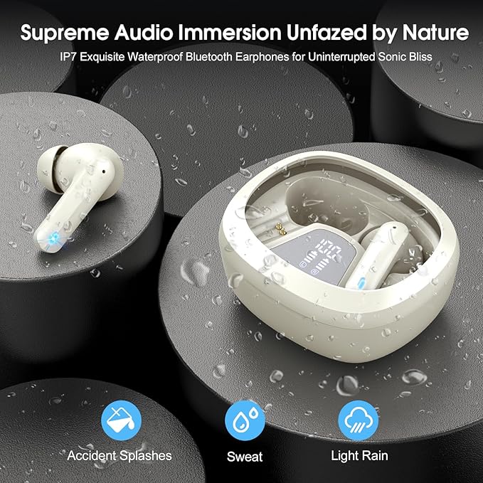 Wireless Earbuds, Bluetooth 5.4 Headphones, HiFi Stereo Bass Ear Buds, in Ear Earbuds with 4 ENC Noise Cancelling Mic, 45H, LED Display, IP7 Waterproof, Earphones for Android/iOS Sports, Off-White