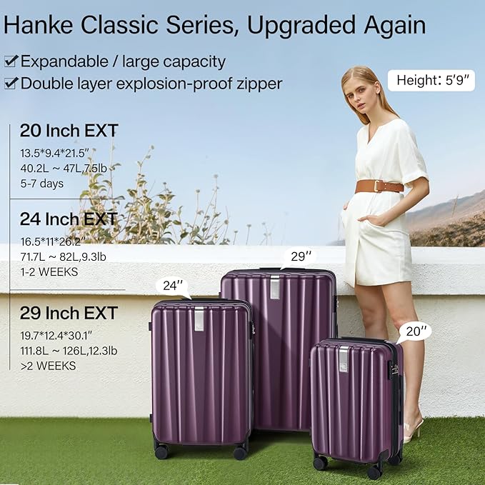 Hanke Expandable Hard Shell Luggage Sets 2 piece Carry on Luggage with Wheels Suitcases Lightweight Checked Tsa Luggage Rolling Large Suitcase Travel Luggage Bag Woman Men 20/29 Inch(Purple)