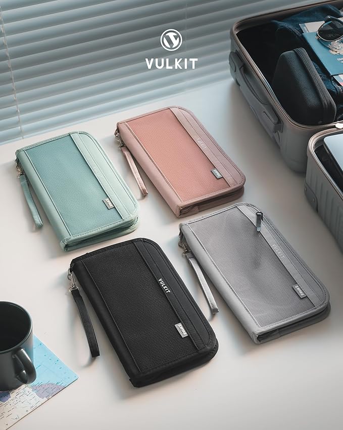 VULKIT Passport Wallet Passport Family Holder RFID Blocking Travel Card Organizer with Wrist Strap for Men or Women(Green)