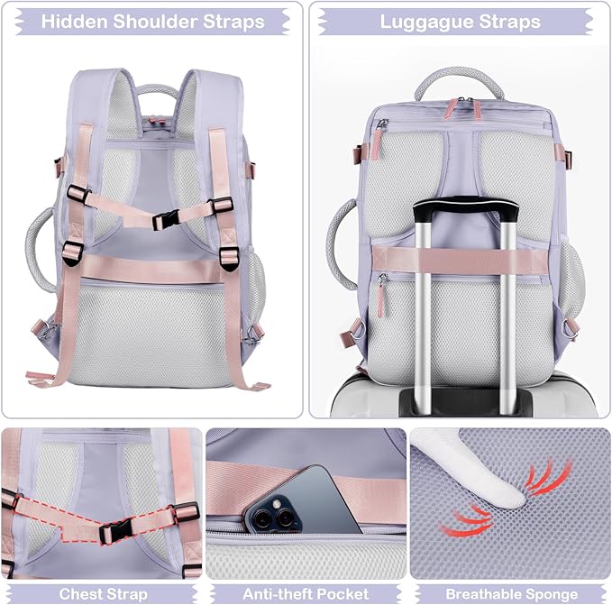 Hanples Large Travel Backpack for Women as Person Item Flight Approved, Waterproof 35L Carry On Backpack, 17 Inch Laptop Backpack for Business Bag with 2 Toiletry Bags (Gray Purple)