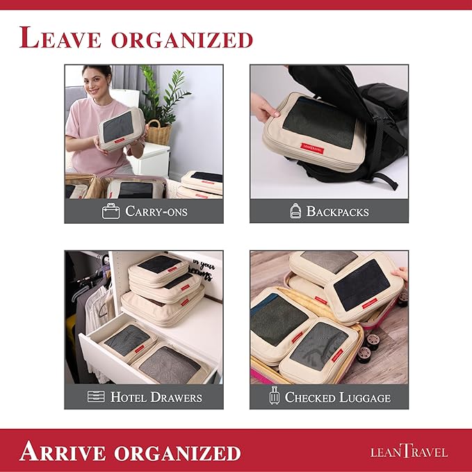 LeanTravel Compression Packing Cubes for Travel Organizers with Double Zipper (3-Pack (2L+1M), Sand)