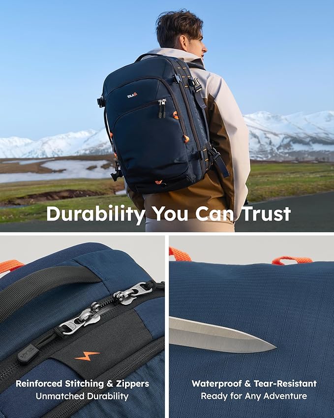 Tolaccea Travel Backpack, TSA Friendly Flight Approved Carry-on Luggage Water-resistant Business Rucksack, Durable Large Computer Bag Daypack Fits 15.6 Inch Laptop, 35-45L Expandable - Navy