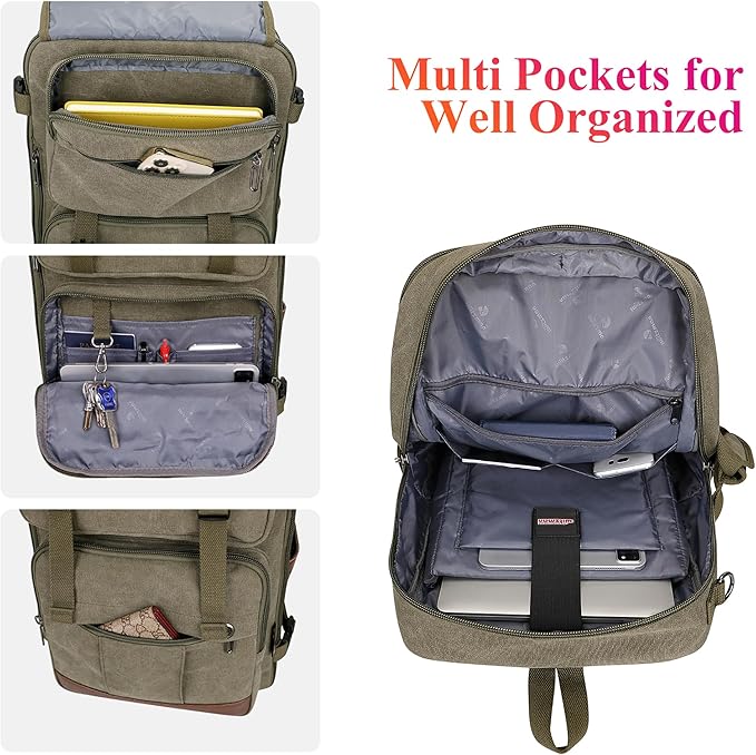 WITZMAN Canvas Travel Backpack for Men Large Laptop Backpack Fit 17 inch Carry-on Airline Approved Convertible Shoulder Rucksack(A6617-3 Army Green)