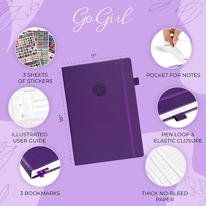 GoGirl Planner PRO Schedule - Undated Planner with Hourly Time Slots, Monthly, Weekly & Daily Organizer, Appointment Book for time Management, 7"x10" Hardcover, Lasts 1 Year - Purple