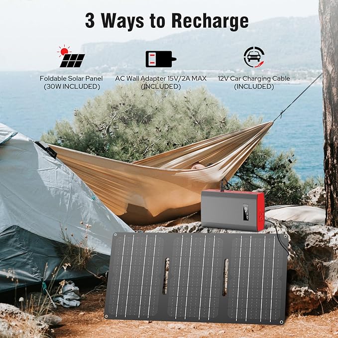 ZeroKor Portable Power Bank with AC Outlet 65W 110V External Battery Pack, 24000mAh Portable Laptop Charger with Foldable Solar Panel Charger 30W for Outdoor Smart Device Camping RV Trip Off Grid-Red