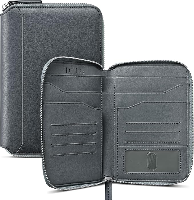 VULKIT Leather Passport Holder for 4-8 Passports Family Passport Wallet with Zipper Travel Documents Organizer for Men or Women(Navy)