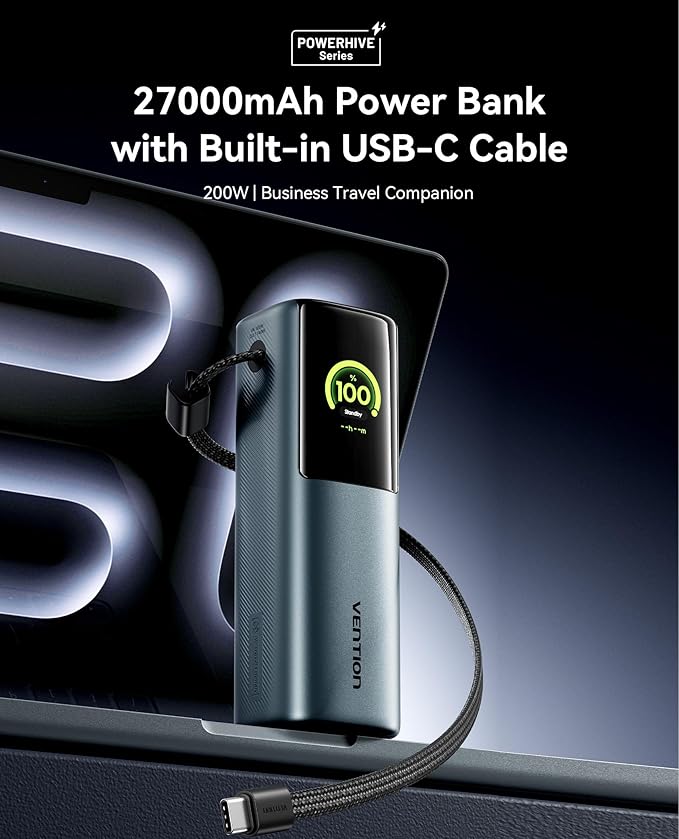 VENTION Powerhive 200W Portable Laptop Charger, 27000mAh Power Bank, Digital Display & Emoji Animation, Integrated USB-C Cable, for iPhone 16/15/14/13 Pro Max, MacBook, Dell, HP, Galaxy S24