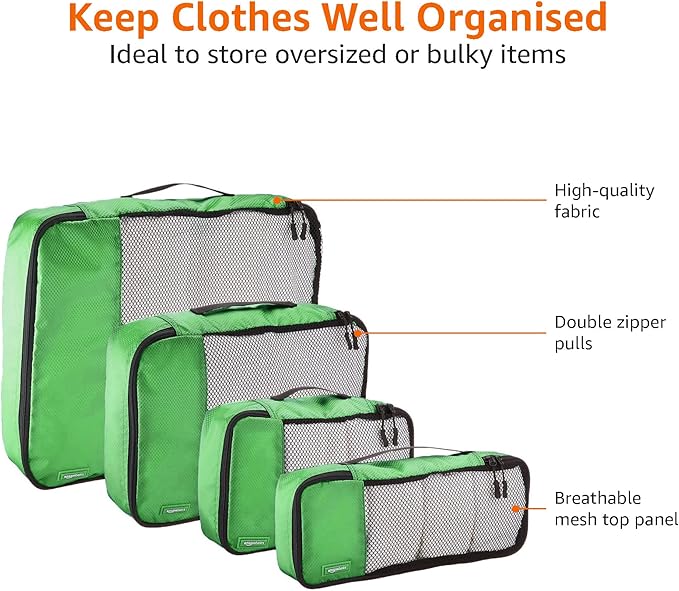 Amazon Essentials 4-Piece Packing Cubes Travel Accessories Set, Luggage Organizer with Double Zipper, Mesh Top, 100% Polyester, Small/Medium/Large/Slim, Green (Previously Amazon Basics)