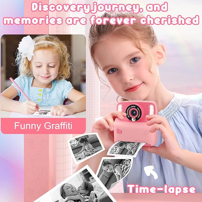 Kids Instant Print Camera, Portable Toys Camera for Toddler, Print Black & White Photos Instantly, Ideal Birthday for Boys & Girls Ages 3–12 (Pink)