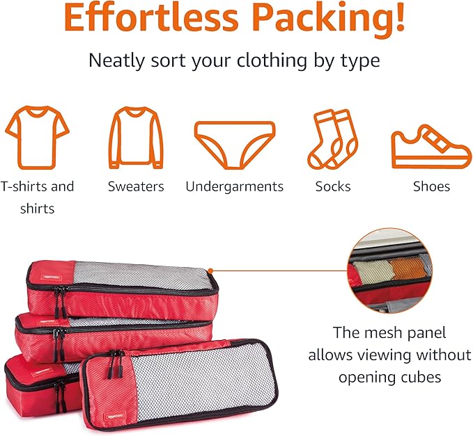 Amazon Essentials 4-Piece Packing Cubes Travel Accessories Set, Luggage Organizer with Double Zipper, Mesh Top, 100% Polyester, Slim, Red (Previously Amazon Basics)