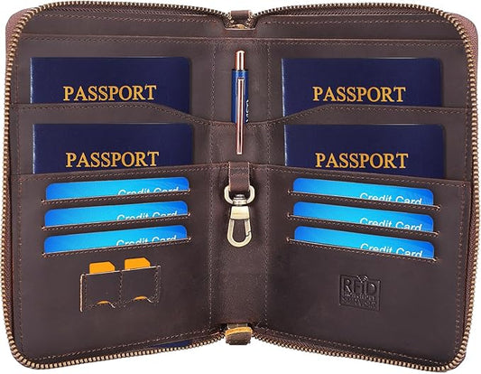 STAR VISTA Lorenzo Full Grain Leather Family Passport Wallet for 4, Large Travel Document Organizer for Exquisite Voyagers, Multi-Currency Compartments, RFID Blocking, AirTag Track, Dark Brown