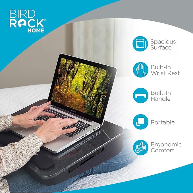 SOFIA + SAM Multi-Tasking Lap Desk with Memory Foam Cushion & Wrist Rest - Portable Computer Bed Tray - Fits Laptops Up to 15", Tablets Up to 9.6", Smartphones Up to 3.5" - Black Top