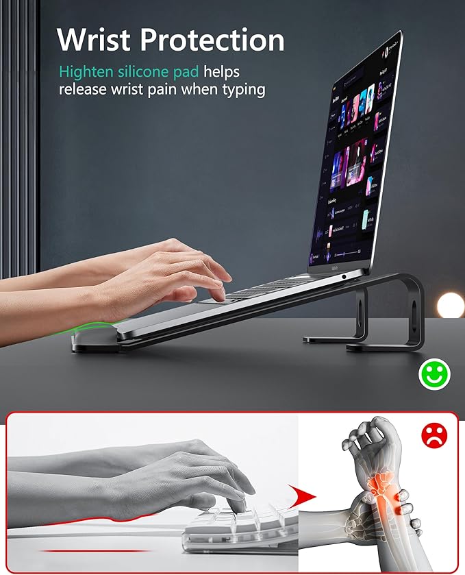 Aluminum Laptop Stand, Notebook Stand with Wrist Rest, Ergonomic Detachable Laptop Mount, Computer Stand Compatible with 10-17'' All Laptops Such as MacBook Air Pro/HP/Dell/Lenovo, Black