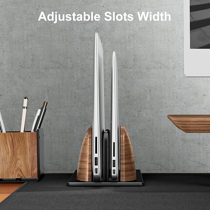 UPERGO Vertical Laptop Stand, Dual Slot Wooden Laptop Holder Vertical for Desk, Width Adjustable Dock for MacBook Pro and Other Laptops
