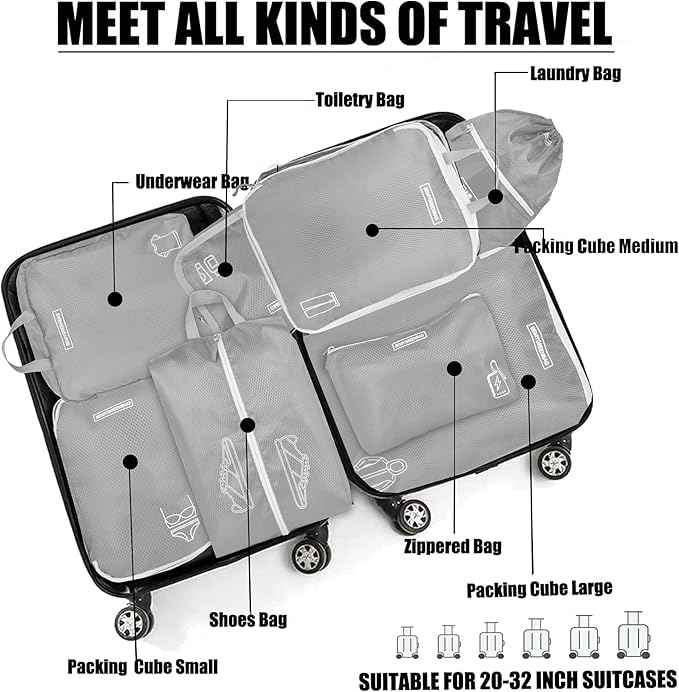 8 Set Expandable Compression Packing Cubes for Suitcases Travel Essentials Carry On Waterproof Storage Bag With Dry And Wet Separation Grey