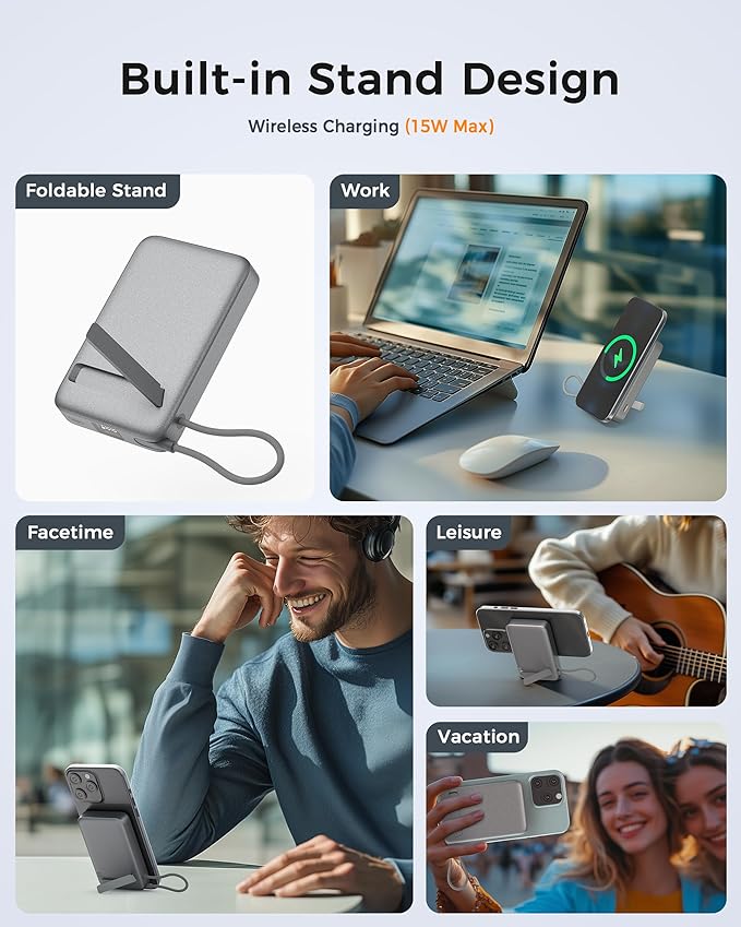 Wireless Portable Charger Qi2, 10,000mAh Magnetic Power Bank with PD 35W Fast Charging, Battery Pack with Built-in USB-C Cable and Stand, Travel Essentials for iPhone 16/15 Series