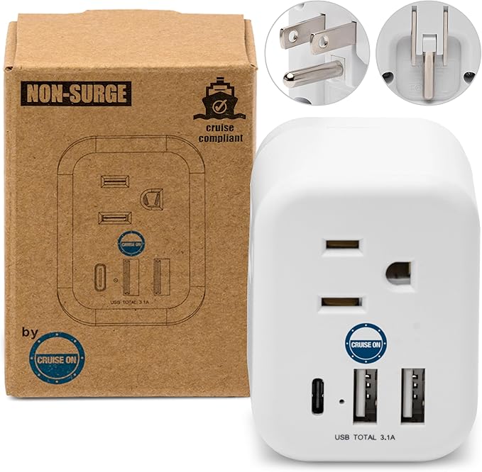 Cruise Approved Power Strip Foldable, Non Surge Protector Travel Power Strip, Multi Plug, 6 Outlets, 2 USB-A, 1 USB-C, & 3 AC Outlet for Carnival, Celebrity, Princess, & Major Lines in 2025 & 2026
