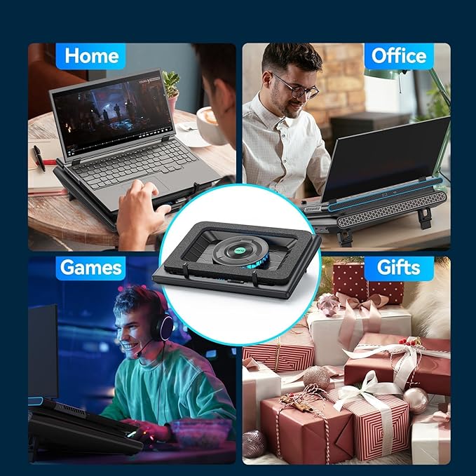 llano V12 Laptop Cooling Pad, Gaming Laptop Cooler Stand with 5.5inch Powerful Turbo Fan, Adjustable Speed, Touch Control, 3-Port USB A, for Fast Cooling Laptop 15.6-19in, Black (No RGB)