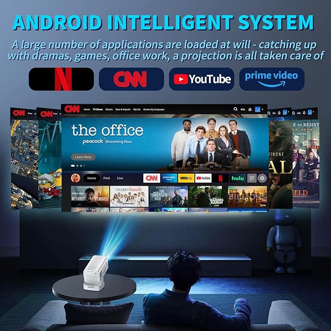 【Built-in Apps】Mini Projector 1080P with WiFi 6 and Bluetooth 5.4, 4K Full HD Projector Features Auto Focus & Keystone, Portable Projector Support 270° Rotatable, Compatible with Phone/HDMI/USB-White