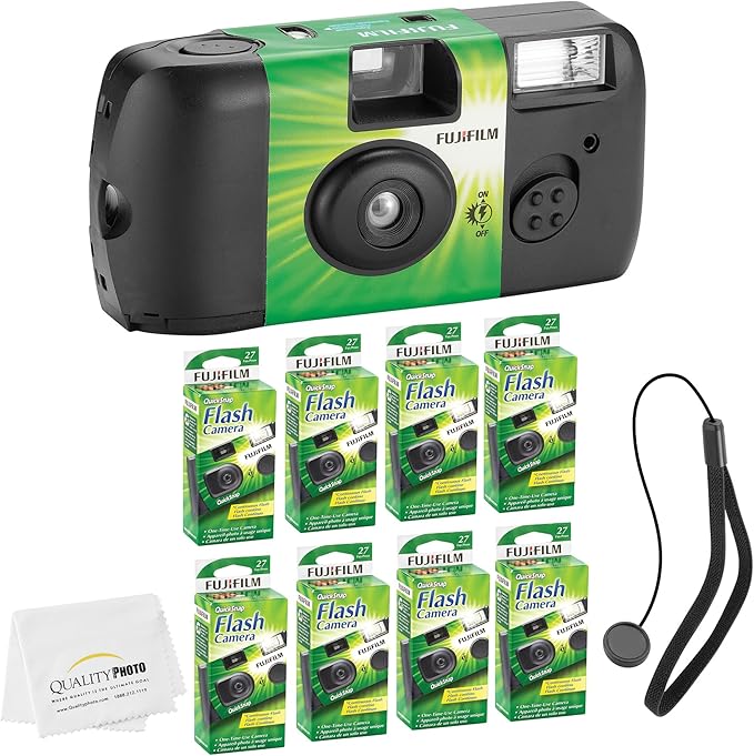 Fujifilm QuickSnap Flash 400 Disposable 35mm Camera + Hand Strap + Quality Photo Microfiber Cloth (8 Pack)