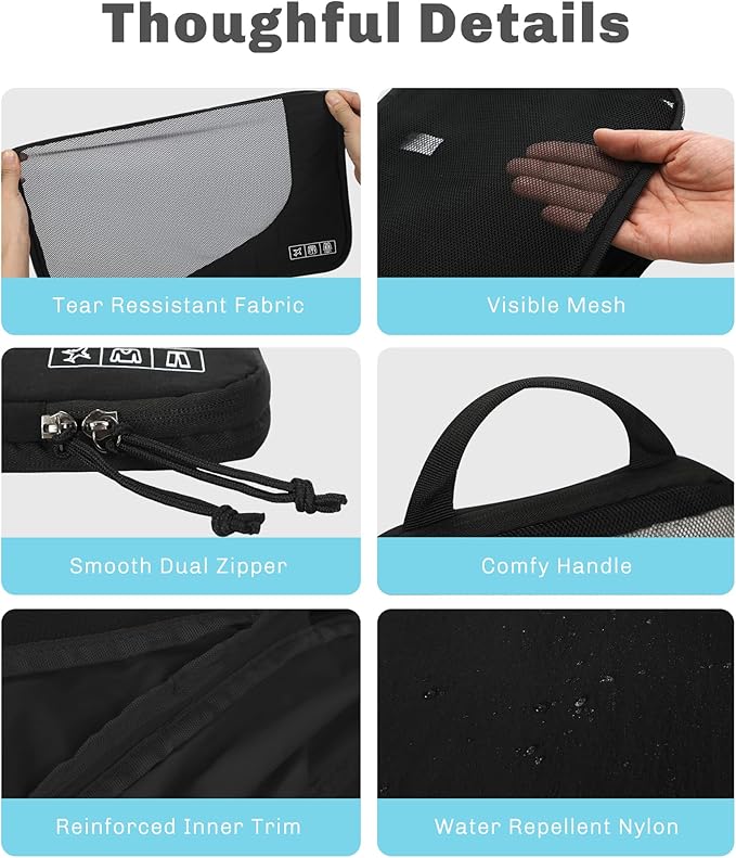 Hynes Eagle 6 Set/ 4 Set/ 2 Set Compression Packing Cubes Travel Essentials Lightweight Nylon Luggage Suitcase Organizer Bag Black 4PCS