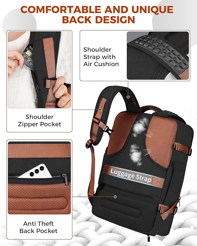 Vancropak Flight Approved 40L Expandable Carry On Travel Backpack, Lightweight Weekend & Short Trip Travel Bag with 3 Packing Cubes, Water-Resistant Anti-Theft Luggage for Men Women, Black White Brown