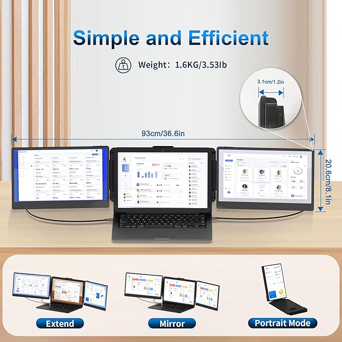 Laptop Screen Extender, 14'' FHD 1080P IPS Ultra-Thin Dual/Triple Monitor Display, HDMI/USB-C Plug-Play Portable Monitor for Laptop, Built-in Speakers(Mac, Win, Android)